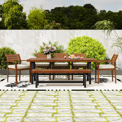 Ensemble repas d'extérieur 7 pièces pour 8 personnes avec table de patio, 5 chaises ergonomiques, coussins amovibles et banc