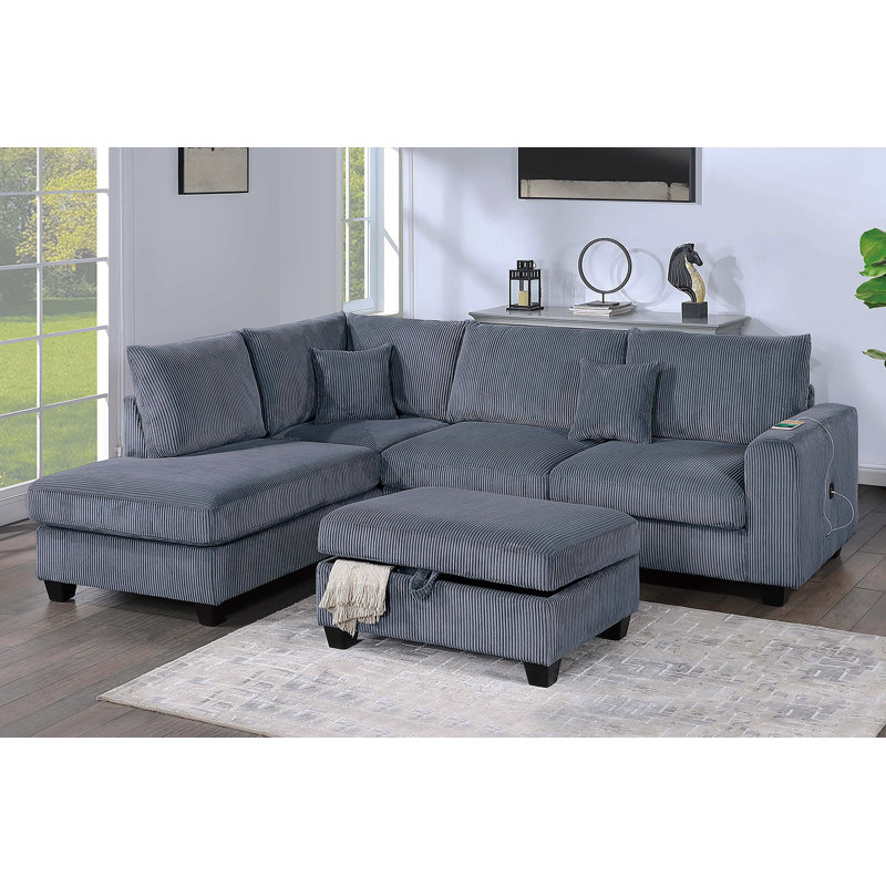 Modern Style 3Pc Sectional Set USB Port Storage Ottoman Right Arm Chaise Left Arm Sofa Dark Gray Finish Primary Living Room