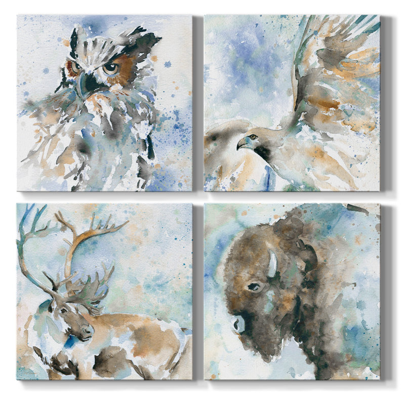 Renditions Gallery Watercolor Wild Animal Canvas Prints Wall Art Nursery Décor For Kids Room Office Room Farmhouse, Set Of 4 - 4 Piece Single Picture Frame Print Set on Canvas