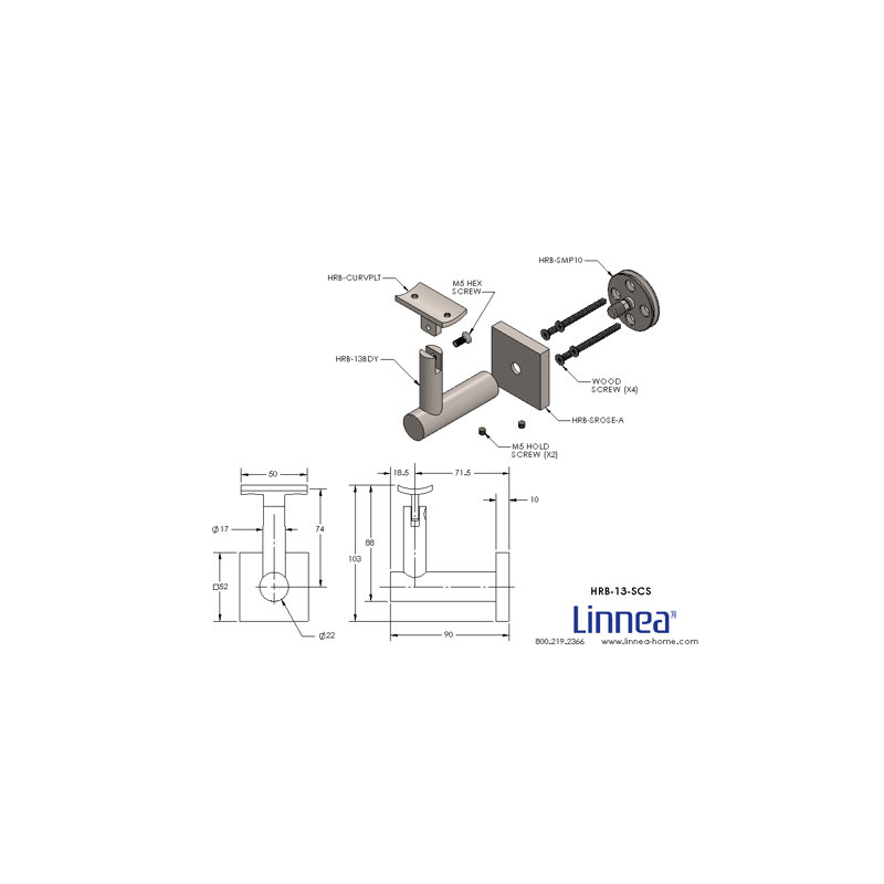 Support de main courante à fixation en surface avec rosette carrée et plaque incurvée, Acier inoxydable satiné