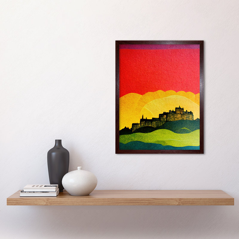 Modern Edinburgh Castle Rainbow Sunset Cityscape - Print, 43cm H x 33cm W x 2cm D, Brown Framed Paper