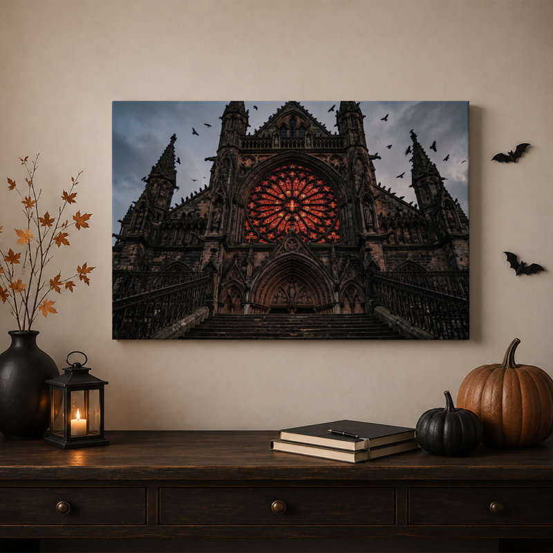 Art mural sur toile, cathédrale gothique avec rose rouge et vol d'Halloween, H 28 po x l 40 po