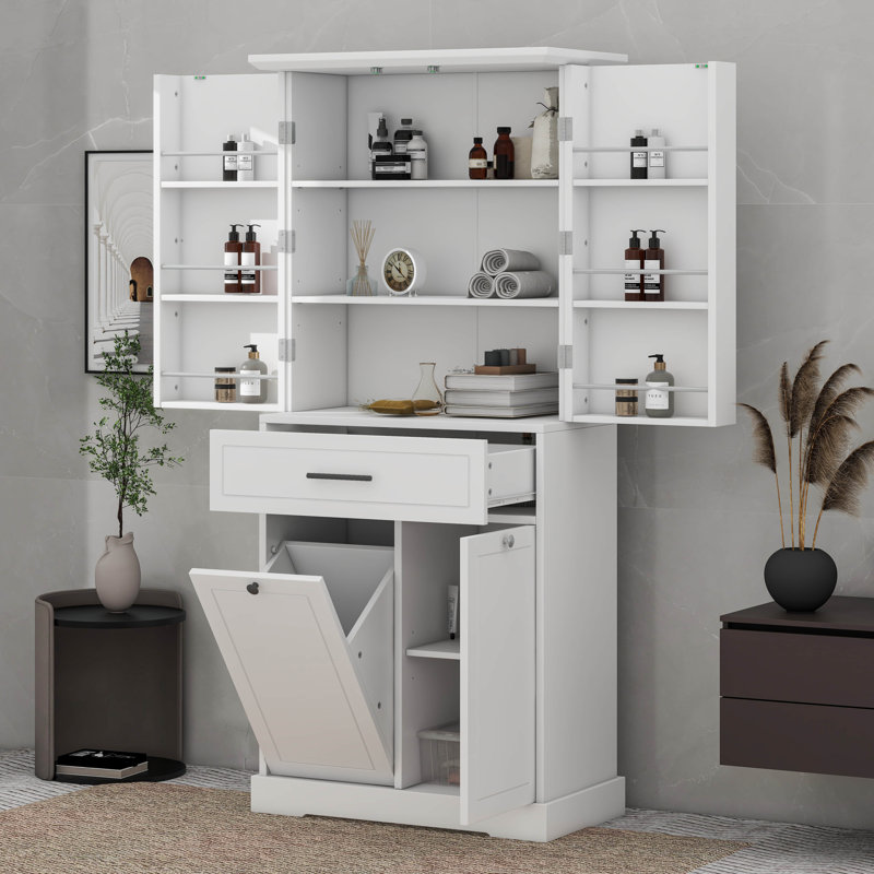 Bathroom Storage Cabinet With Tilt-Out Laundry Hamper, White