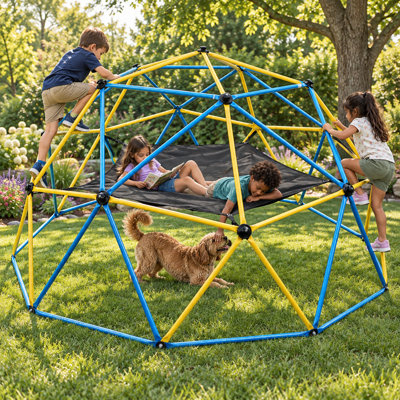 Dôme d'escalade géométrique de 3 m avec hamac, capacité de 454 kg, structure de jeu intérieure/extérieure pour enfants de 3 à 10 ans, bleu et jaune