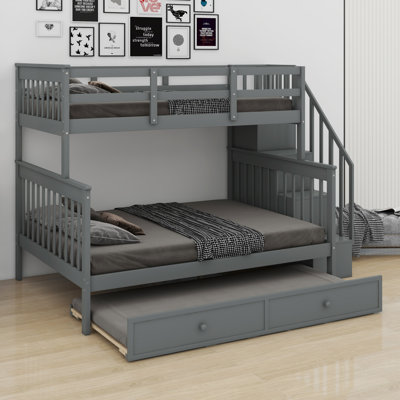 Bunk Bed With Trundle Bed,Storage And Guard Rail
