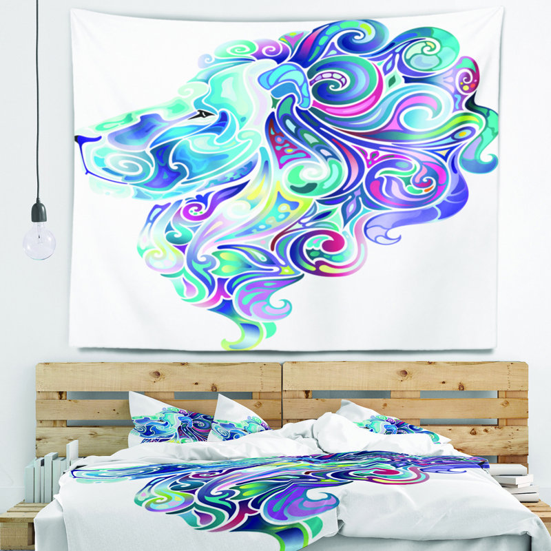 Blue lion art abstrait tapisserie Animal, H 32 po x l 39 po