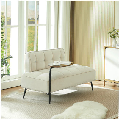 54-Inch Modern Two-Seater Velvet Sofa with Backrest & 360° Rotating Side Table – Entryway Ottoman, Multi-Use Bench, Office Desk and Chair Set, Space-S