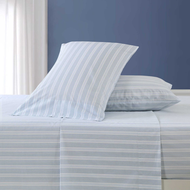 Bradford 200 Thread Count Breathable Cotton Percale Sheet Set, Twin Sheet Set with 1 Pillowcase, Tayleur Stripe Blue