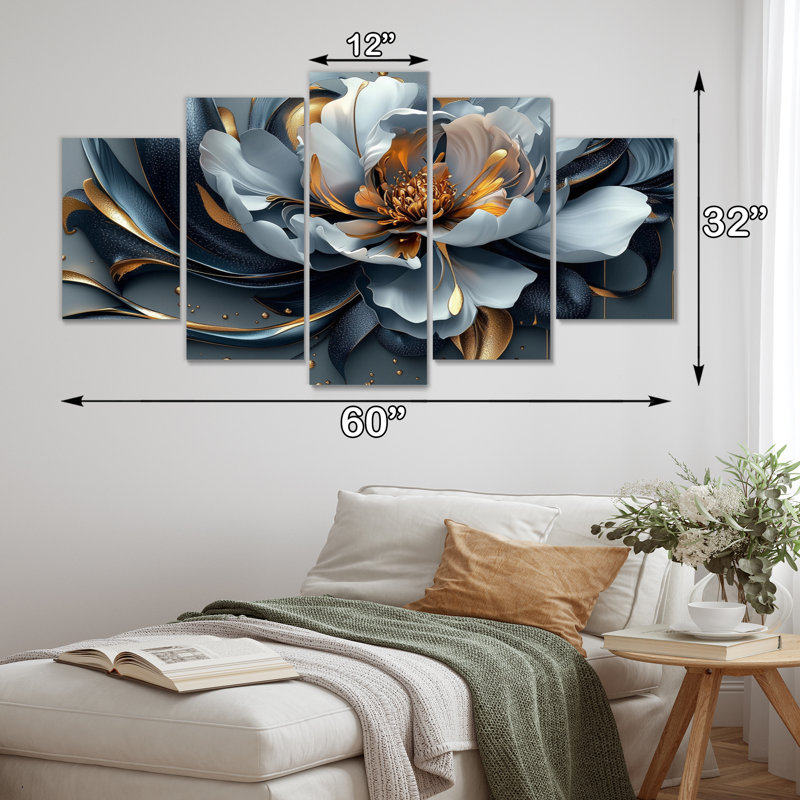 Fleur de pivoine bleue et grise - ensemble d'art mural pivoine