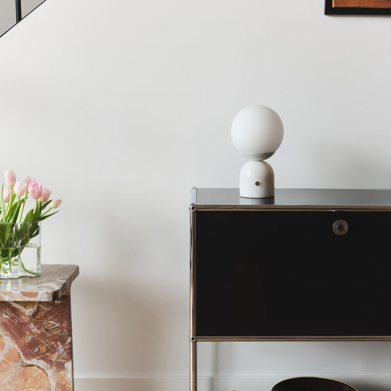 Mila 9.85 in. Mid-Century Modern LED Bedside Table Lamp with Black Marble and Frosted Globe Shade, White