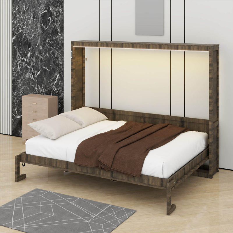Armoire de lit escamotable avec lumière DEL, lit escamotable escamotable en bois Murphy, Brown