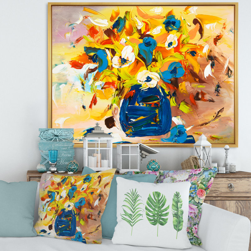 A Vibrant Flower Bouquet in Yellow and Blue - Peinture sur toile avec cadre flottant, H 30 po x l 40 po x 1,5 po
