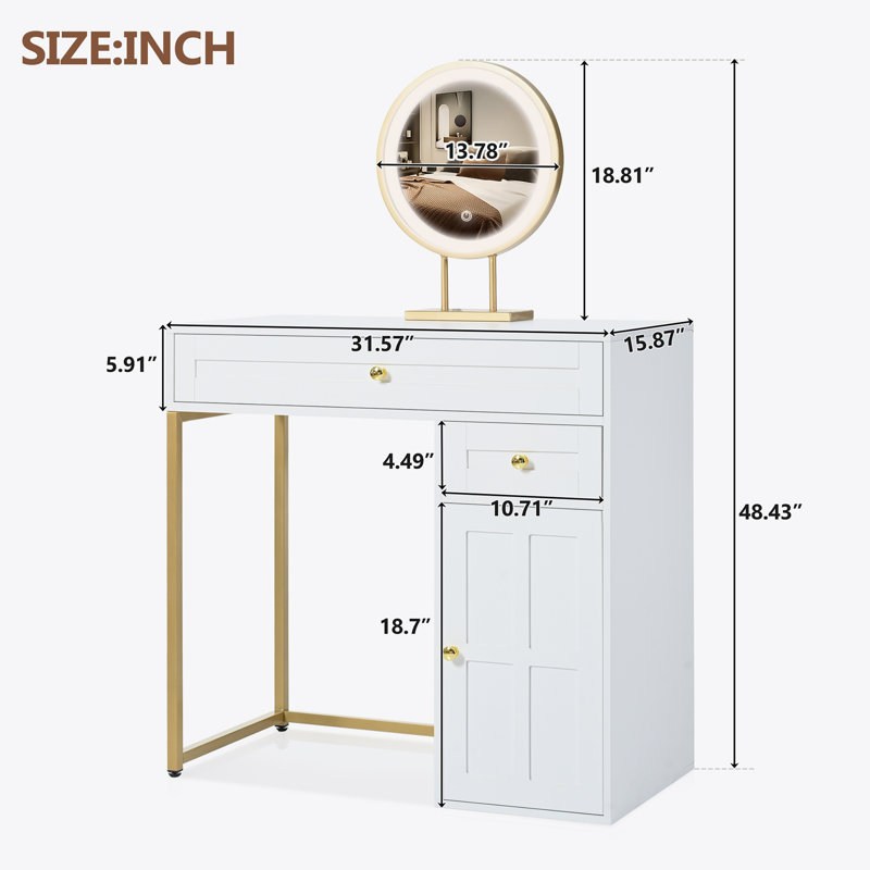 White and Gold 31.5'' Makeup Vanity Desk with Lighted Mirror