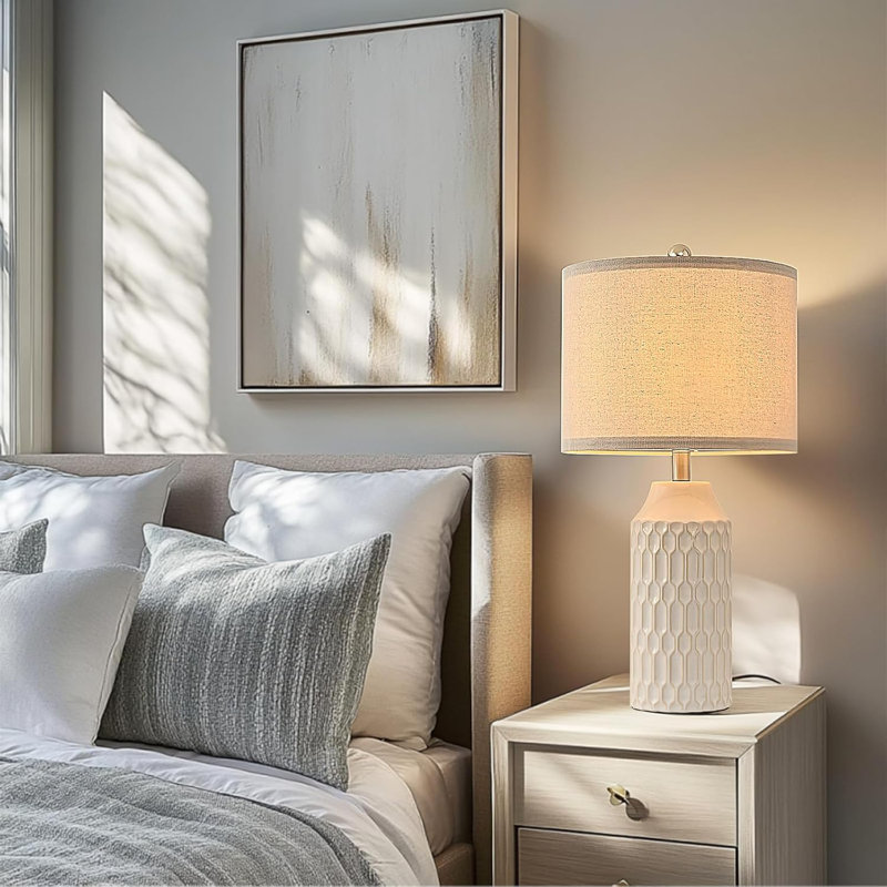 22" Beige Ceramic Table Lamp Set with Fabric Shade