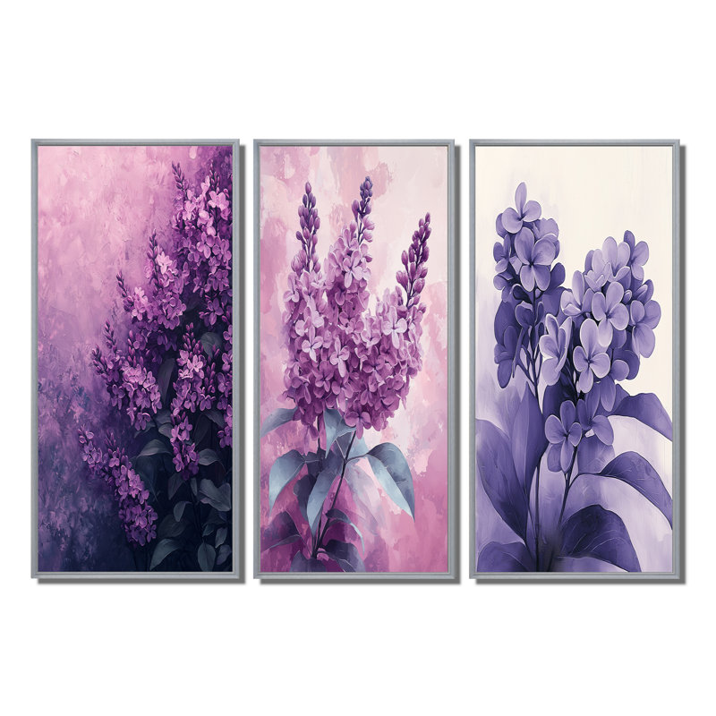 Lilas ombres en monochrome minimalisme I - ensemble de 3 décorations murales lilas, H 28 po x l 36 po, Argent argent
