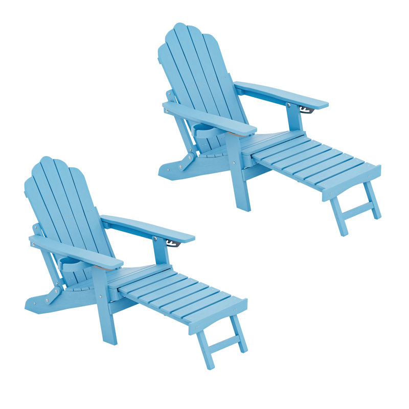 set of 2 HIPS Folding Adirondack Chair Adjustable Chair with Ottoman Fire Pit Patio Chair for Outdoor, Lake Blue