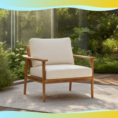 Chaise longue d'extérieur Mid-Century moderne - Structure en bois de teck massif avec coussins en polyester résistant aux intempéries - Patio, jardin ou balcon
