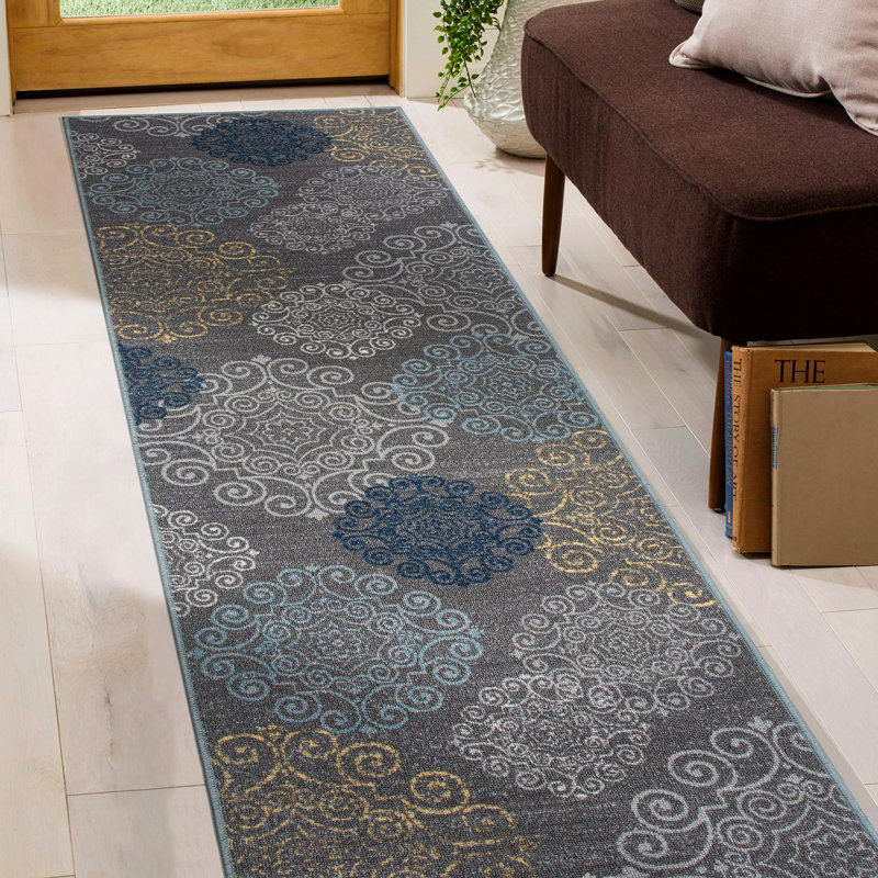 Combien Tufted Gray/Blue/Yellow Non-Slip Rubberback Area Rug, Runner 1'10 x 7'