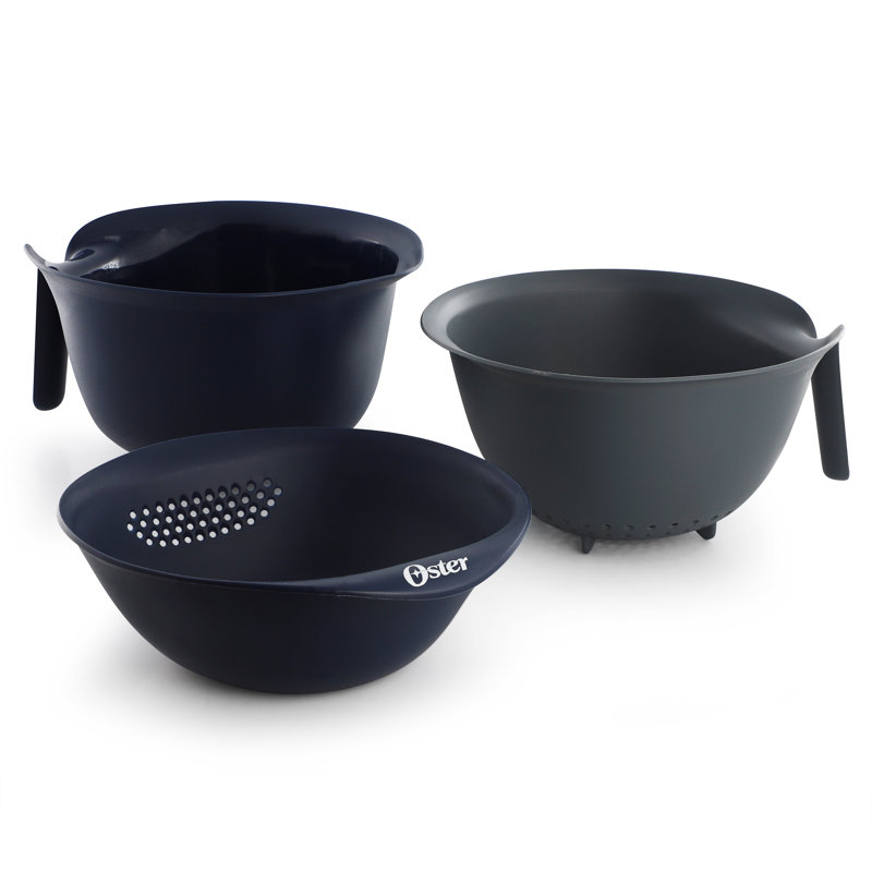 Oster Bluemarine 3 Piece Nestable Plastic Colander and 3 Quart Bowl Set in Dark Blue