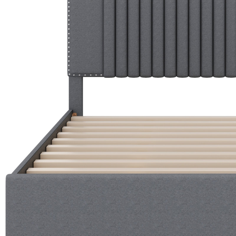 Lit plateforme tapissier avec 2 tiroirs et lit gigogne, tête de lit classique, gris