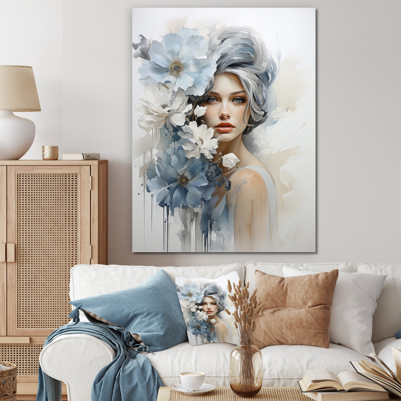«Lakeea Blue White Woman Portrait», reproduction d'art sur toile tendue, H 32 po x l 24 po x P 1 po