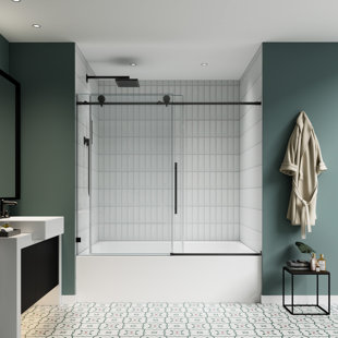 56"-60" W x 63" H  Bathtub Soft Closing Sliding Shower Door,Water Repellent Frameless Shower Door with 5/16" (8mm) Nano Explosion-Proof Film Tempered Glass, Stainless Steel Hardware