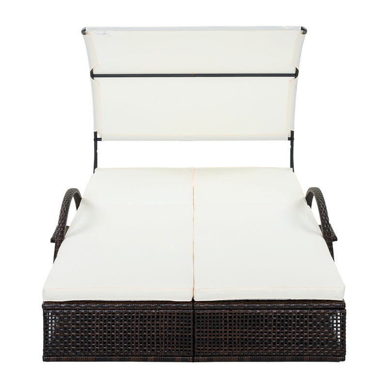 Chaise longue d'extérieur à structure en acier avec dossier réglable, lit de bronzage double avec table d'appoint cachée et accoudoirs arqués, convient pour la terrasse de la piscine, le jardin et la cour