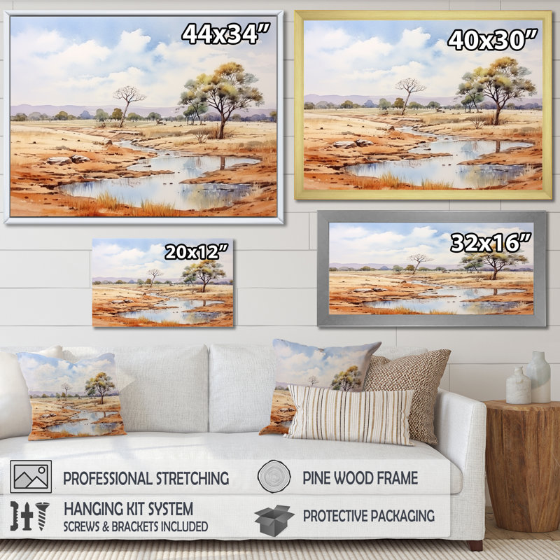 Beige, safari africain, paysage II, art mural Afrique, Cadre flottant doré, H 24 po x l 32 po x P 1 po