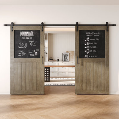 Portes de grange doubles non assemblées et finies avec ensemble de quincaillerie d'installation non-by-pass Homacer Classic gris 32 po x 80 po, rail 11,0 pi, usage intérieur seulement