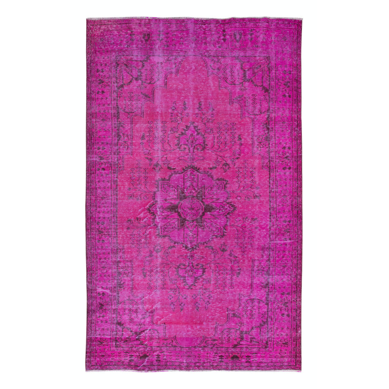 Tapis turc rose, moderne en laine et en coton fabriqué à la main 6 pi x 9,7 pi