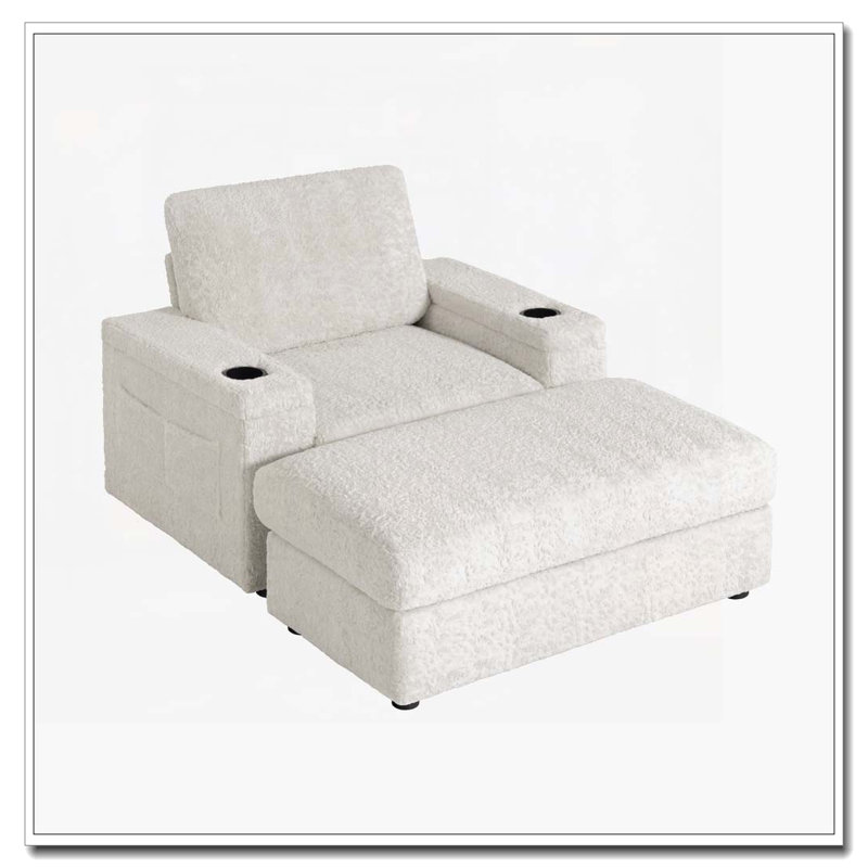 Fauteuil-lit surdimensionné de 42 po avec méridienne rembourrée avec repose-pieds et rangement, porte-gobelets, Beige