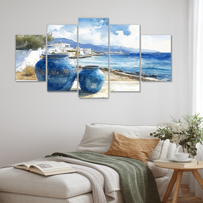 «Blue and White Greek Pottery Coastal Artistry - Boho Pottery», ensemble de reproductions d'art mural
