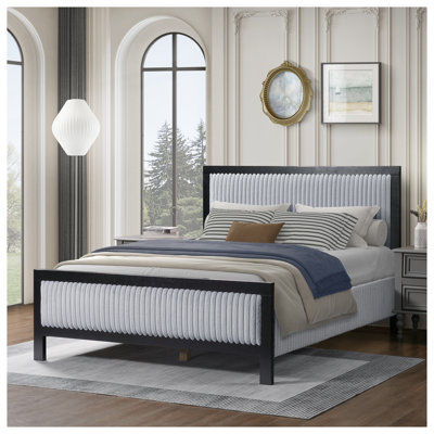 Queen Upholstered Platform Bed Frame with Channel Tufted Headboard & Silent Slats - Black Wood & Grey Fabric