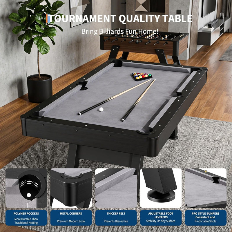Table de billard moderne de 7 pi avec finition en bois noir avec 2 queues, boules, support, craie et brosse, pour salle de jeux, gris