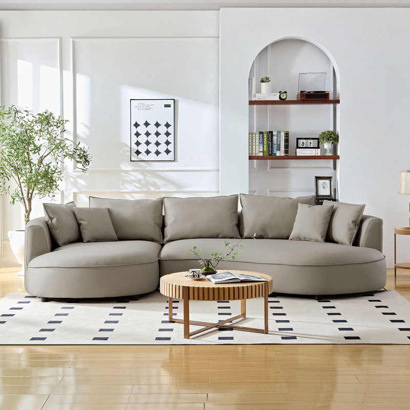 Faux Leather Curved Sectional Sofa, Gray Faux Leather, Left Hand Facing