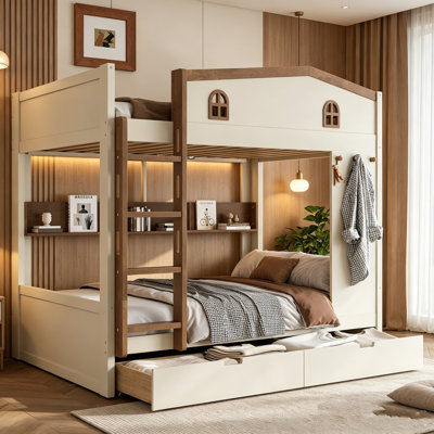 Lit superposé, lit superposé haut-bas avec tiroirs de rangement et tablettes ouvertes, lits superposés en bois massif avec crochets, aucun sommier nécessaire, lit superposé en bois pour chambre d'enfant et salle de jeux, noir et blanc