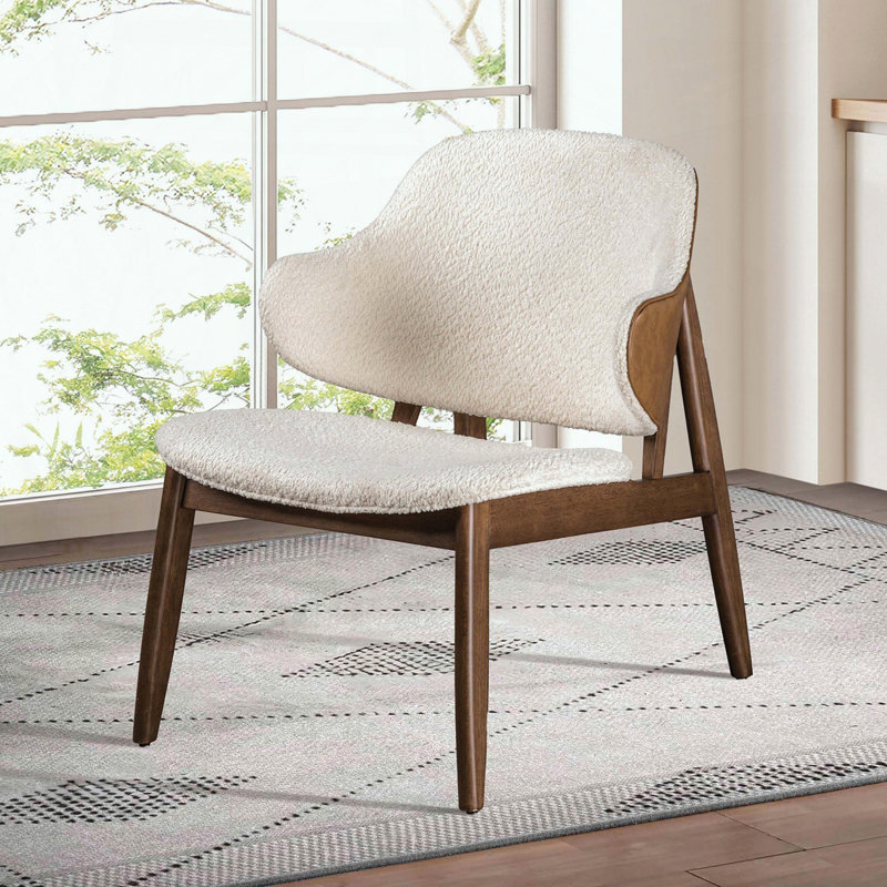 Fauteuil à oreilles de style Mid-Century avec table d'appoint, tissu bouclé et noyer