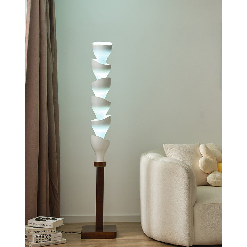 Spiral Tiered Wood Base Floor Light Fixture