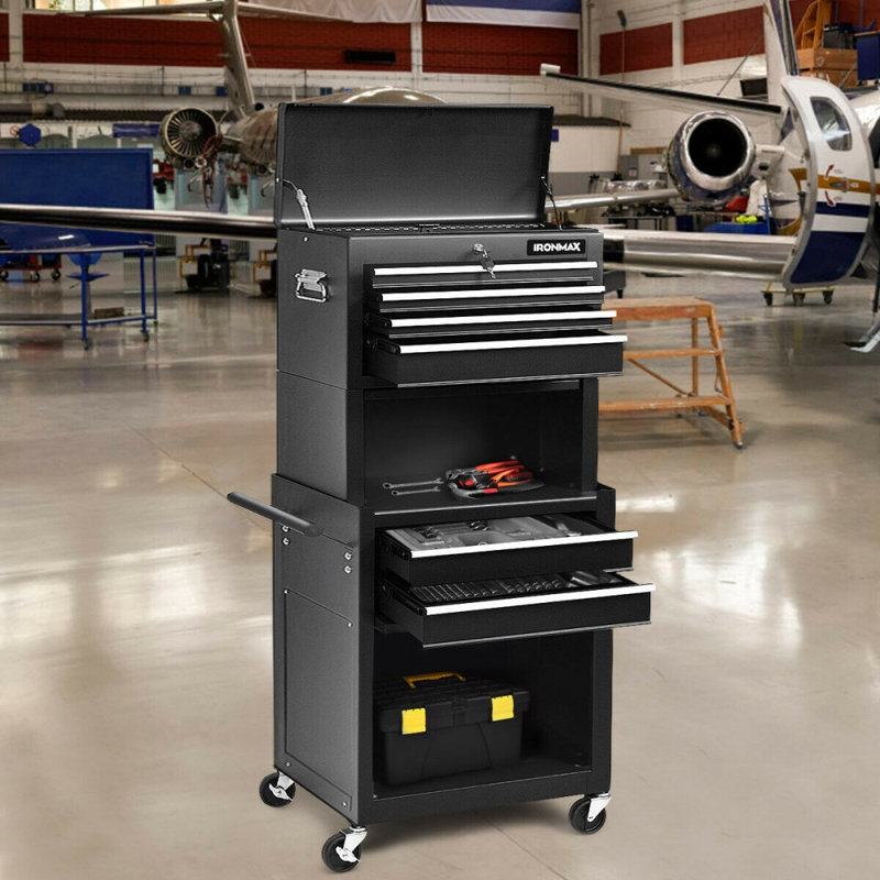 Coffre à outils roulant à 6 tiroirs avec armoire relevable et coffre supérieur verrouillable, noir, Noir