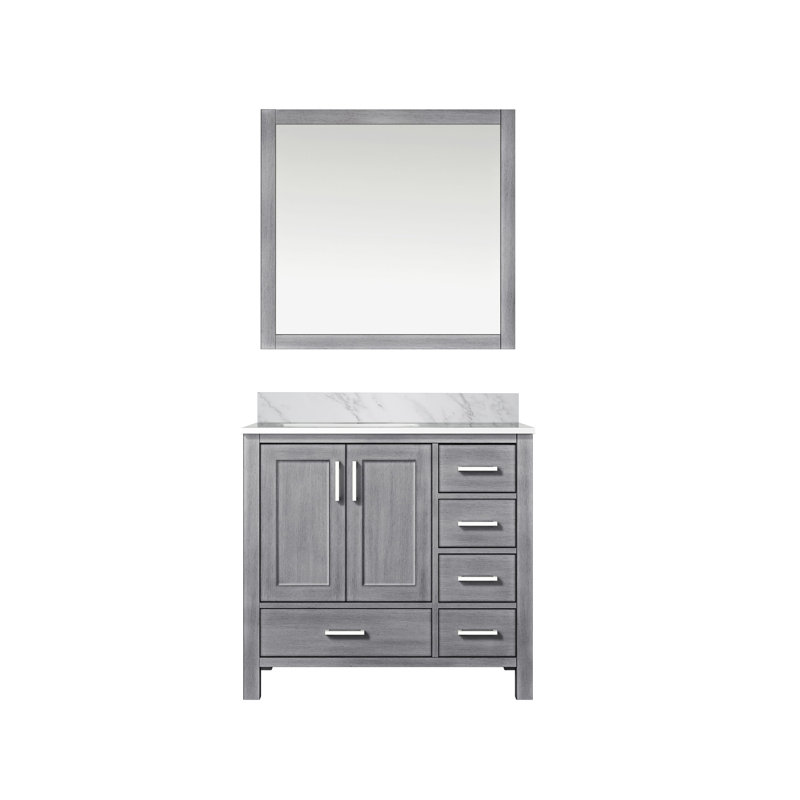 Jacques 36 in. W x 22 in. D Left Offset Bath Vanity, Carrara Marble Top, and 34 in. Mirror, Distressed Grey