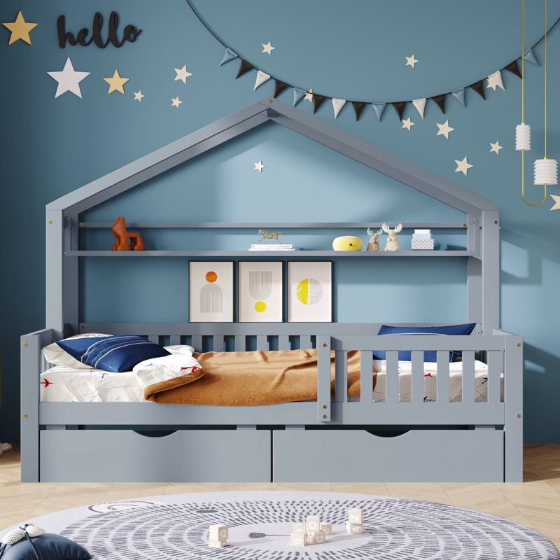 Aito Kids House Bed With Two Drawers, Twin, Gray