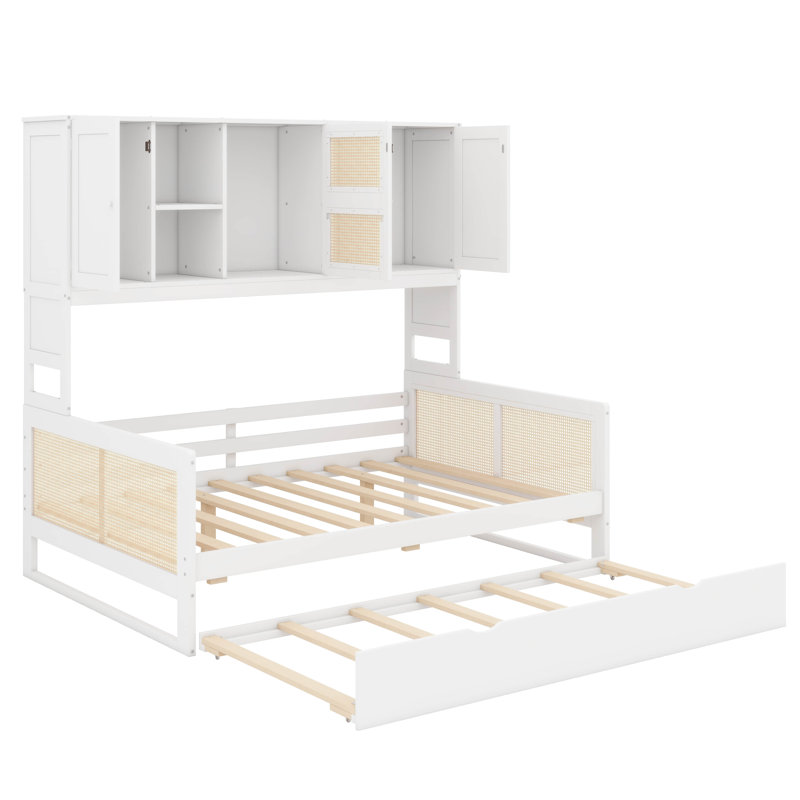 Lit de jour en bois avec couchette coulissante et armoire intégrée, Lit double, Blanc