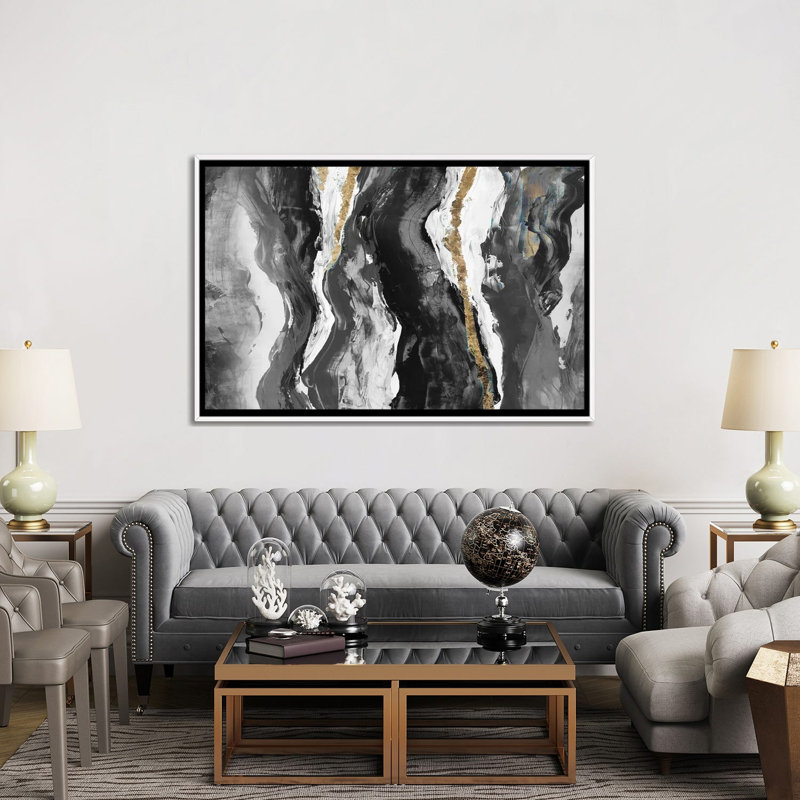 Effectus II, H 40 po x l 60 po, Toile avec cadre flottant blanc, Noir / Blanc / Doré