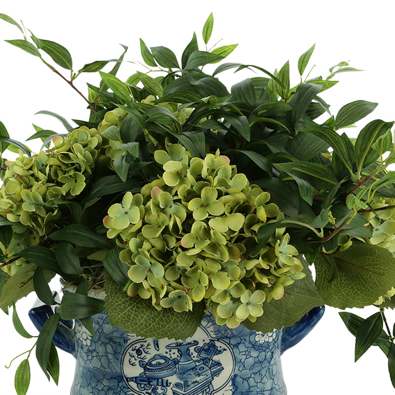 Hydrangea and Ruscus Arrangement in Ceramic Pot