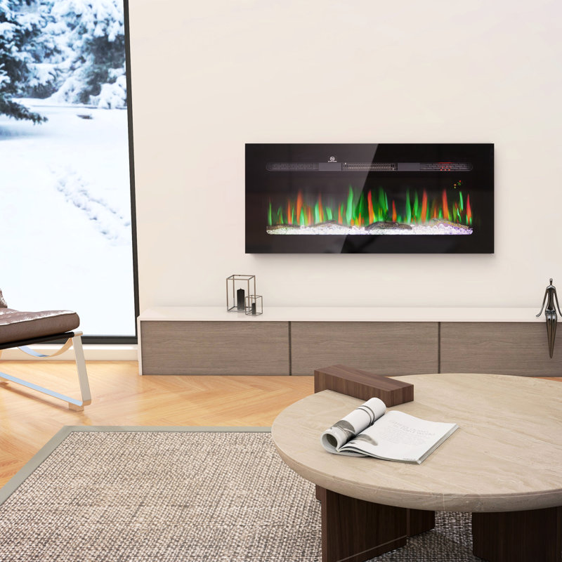 Foyer électrique de 40 po: encastré au mur, 1500 W, couleur de flamme réglable et luminosité, cristal de bûche, minuterie 8H, couleur acier noir,