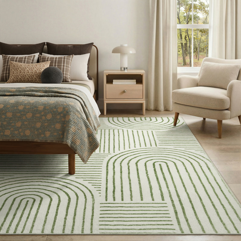 Celeta Washable Abstract Japandi Rainbow Striped Green Area Rug - Colorful Modern Carpet for Living Room, Bedroom, or Office Decor