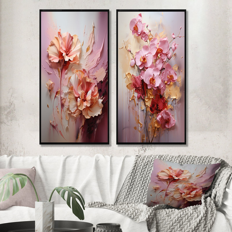 Orchid Elegance Dream - Ensemble de 2 décorations murales orchidées, H 28 po x l 25 po, Cadre flottant noir