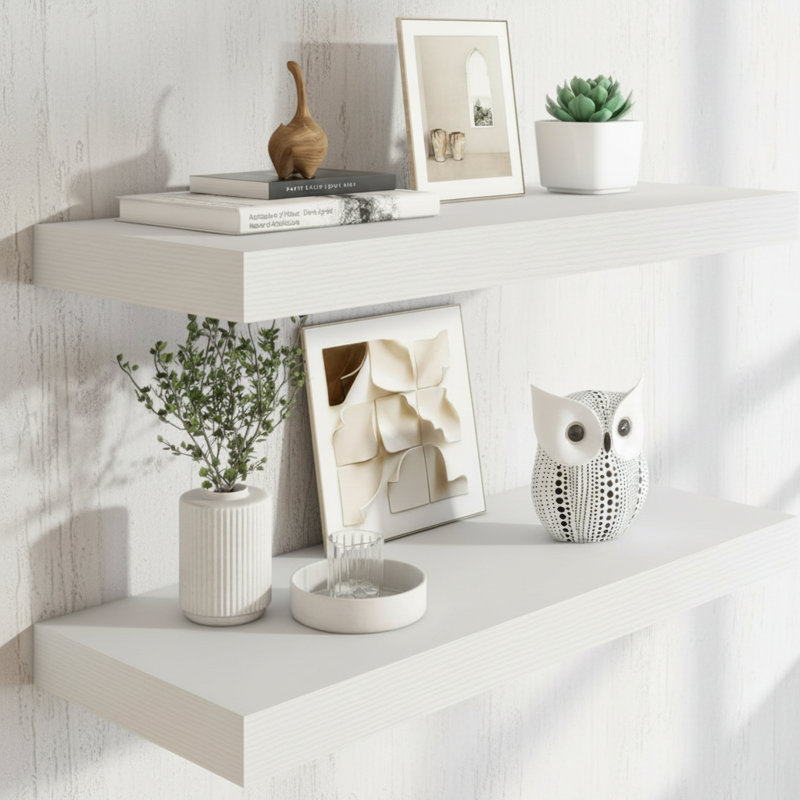 White Floating Wall-Mounted Shelves (2-Pack), With Invisible Brackets, Adaptable To Multiple Spaces, Serving Both Decorative And Storage Purposes.