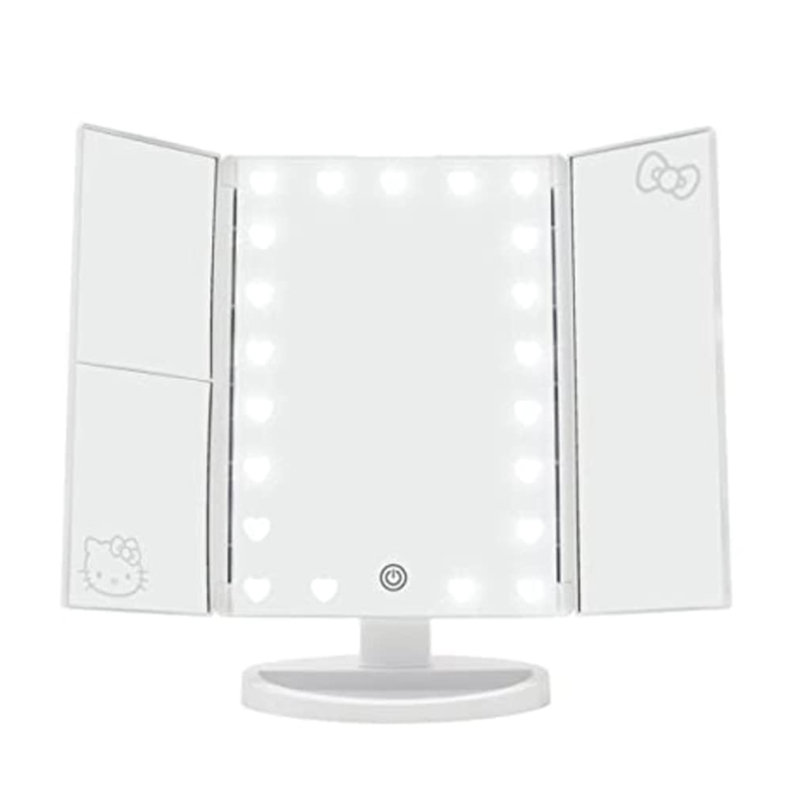 Hello Kitty Mirror with LED Lights, Trifold Makeup Mirror with Touch Sensor, Magnifying Mirror