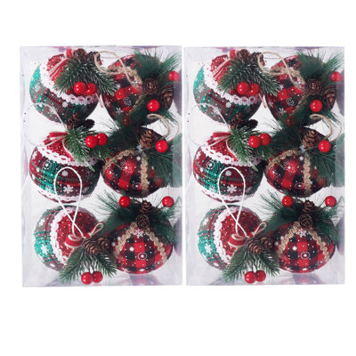 12 Pcs Burlap Christmas Ball Ornaments, 3.15 Inches Rustic Buffalo Plaid Christmas Tree Ornaments, Natural Jute Farmhouse Decorations for Xmas Tree, Holiday, Party